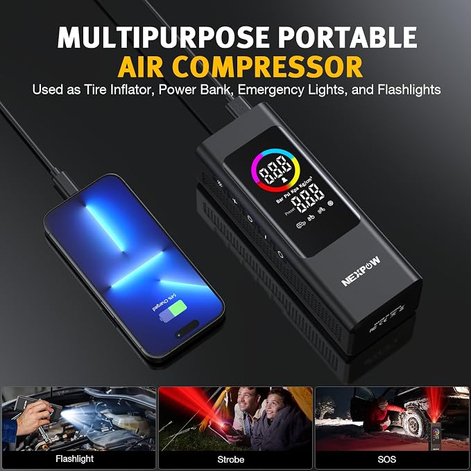 NEXPOW 150 PSI Tire Inflator Portable Air Compressor, 12000mAh Battery Auto - Image 7