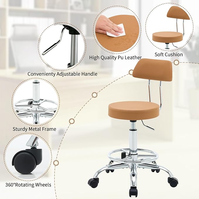 Rolling Stool with Back, Adjustable Tattoo Rolling Chair 19.5’’-26.6’’ - Image 4