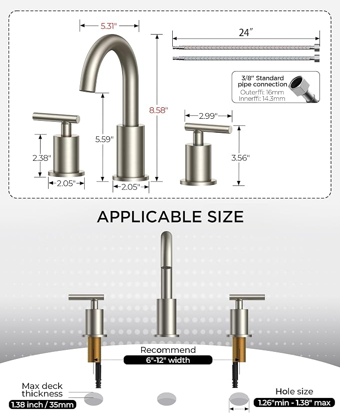 FORIOUS 8 In Widespread Brushed Nickel Bathroom Faucet 3 Hole - Image 8