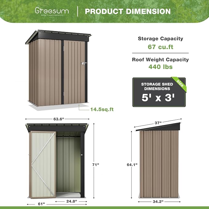 Greesum Outdoor Storage Shed 5 x 3 ft. Utility Tool Shed Metal Storage Garden - Image 4