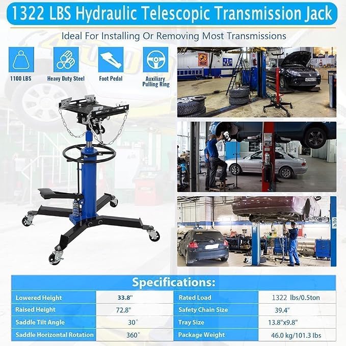 Transmission Jack with 1 Stage Hydraulic Ram, 1322 LBS Hydraulic Telescoping - Image 3