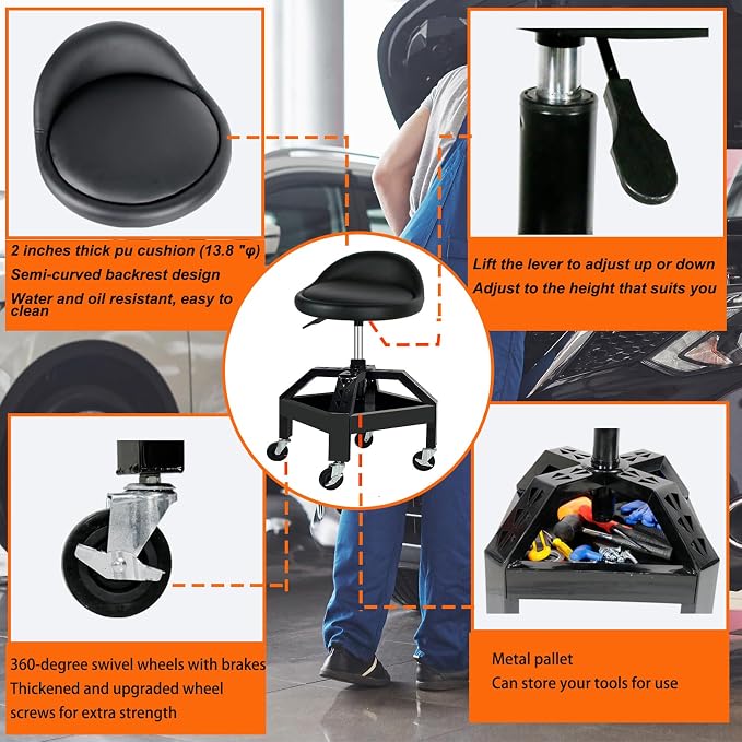 Garage Shop Rolling Seat, Heavy Duty Adjustable Rolling Mechanic Stool - Image 5