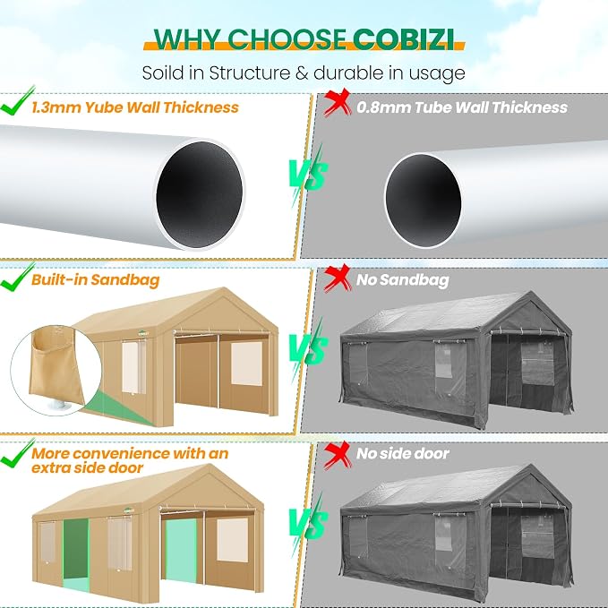COBIZI Carports 10x20 Heavy Duty Car Canopy Garage - Image 3