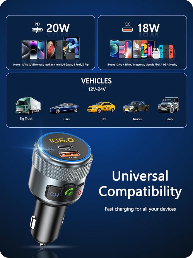 LENCENT Car FM Transmitter, Wireless Bluetooth 5.1 Radio Adapter Car Kit - Image 6