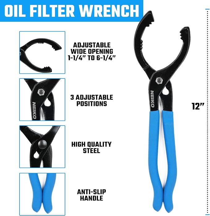NEIKO 03422A Oil Filter Wrench, 12” Adjustable Oil Filter Pliers, 3 Adjustable - Image 2