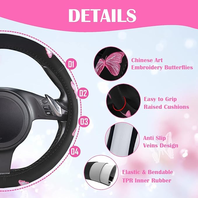 CAR PASS Pink Leather & Gaberdine Butterfly Car Seat Covers Full Set - Image 6
