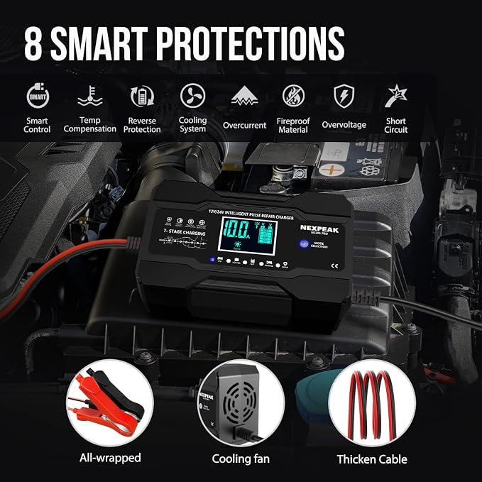 NEXPEAK 10-Amp Car Battery Charger, 12V and 24V Smart Fully Automatic Battery - Image 4