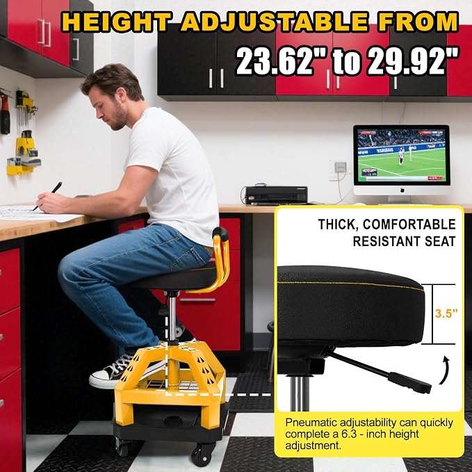Rolling Shop Stool with Wheels, Heavy Duty Garage Work Mechanic Stool with - Image 4