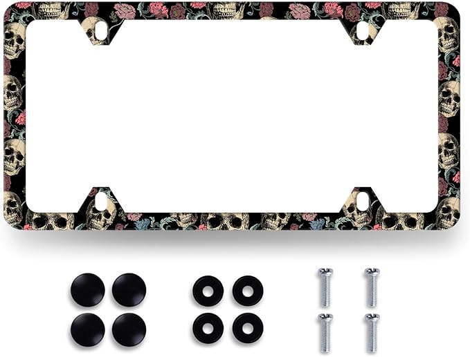 Skulls Flowers License Plate Frame Colorful Skull License Plate Stainless Steel by MUAWUOIK