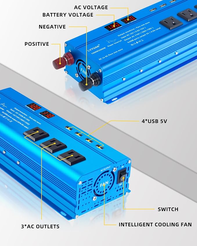 LVYUAN 1000 Watt Pure Sine Wave Inverter 12V to 110V 120V DC to AC - Image 2