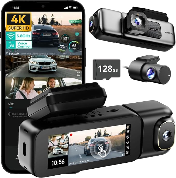 3 Channel Dash Cam 4K with 128GB Card, 3.18" Touch Screen, Voice Control by BOTSLAB