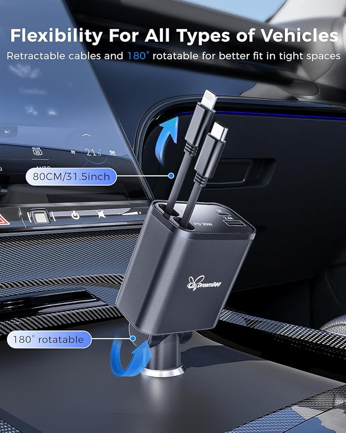 DreamBee Retractable Car Charger, custom-made modelRetractable Cables and 2 USB - Image 6