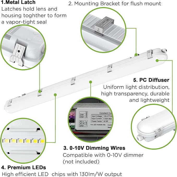 TIERONE 4ft LED Vapor Tight Light 50W Outdoor Shop Light IP65 Waterproof 0-10V - Image 3