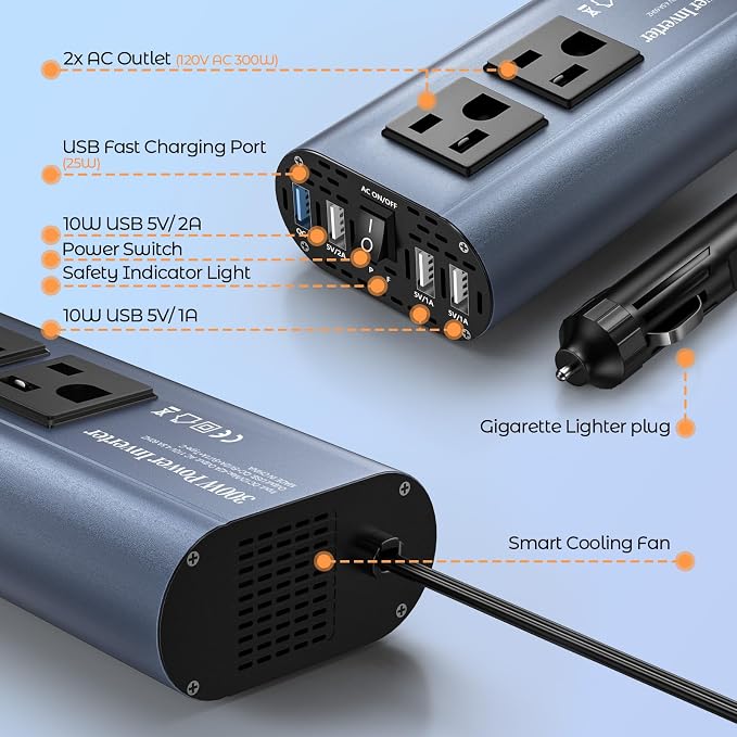 300W Car Power Inverter, DC 12V to 110V AC Car Plug Adapter Outlet - Image 8