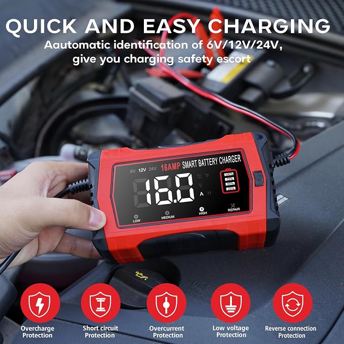 16-Amp Battery Charger, 6V/12V/24V Smart Car Battery Charger, Automotive - Image 4