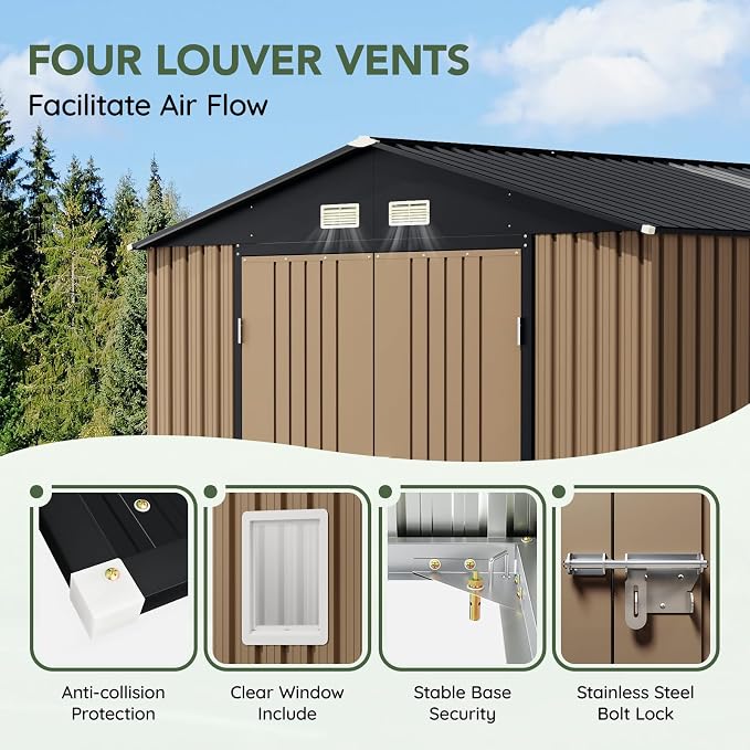 10x12 FT Outdoor Metal Storage Shed, Double Swing Doors, 2 Clear Windows - Image 4