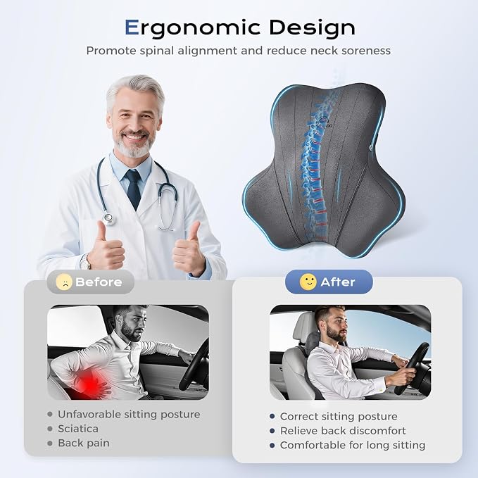 Coverado Car Lumbar Support Pillow and Car Neck Pillow Kit, Ergonomic Design - Image 3