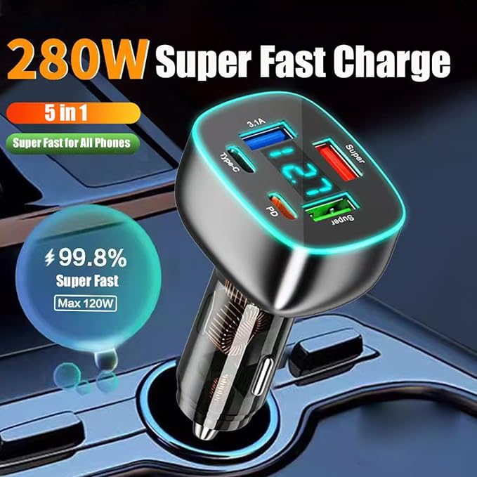 5 Port USB C Car Phone Charger - Image 2
