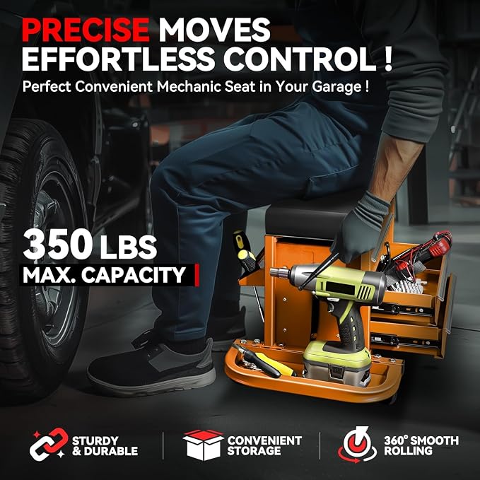 Auto Dynasty 3-Drawer Mechanic Rolling Seat, 350 LBS Capacity Roller Garage - Image 2