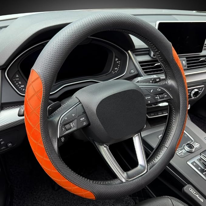 LKWLIKEI Nappa Leather Steering Wheel Cover, Diamond Checkered Design, Non-Slip - Image 6