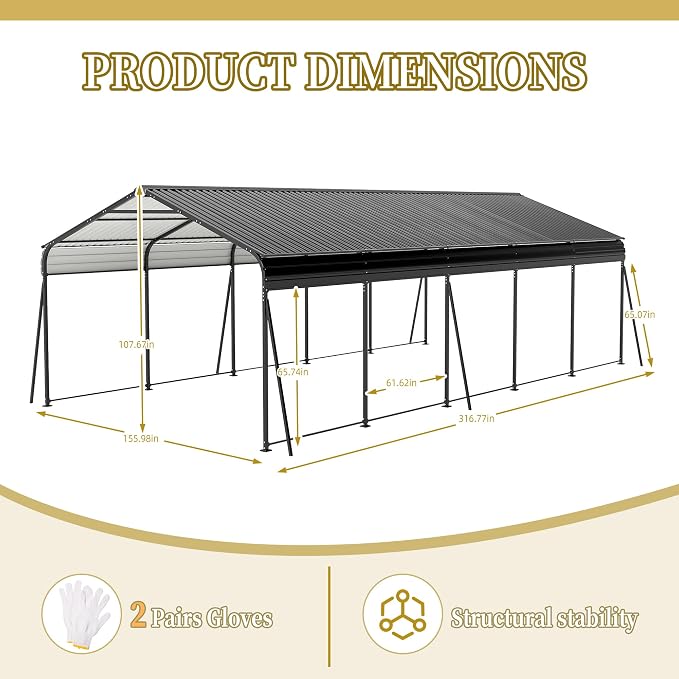 13x26.5 FT Metal Carport, Heavy Duty Car Port Canopy - Image 6