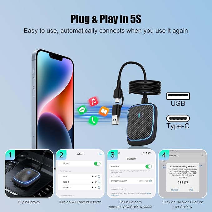 Wireless CarPlay Adapter for iPhone, Convert Wired to Apple Car Play Wireless - Image 8