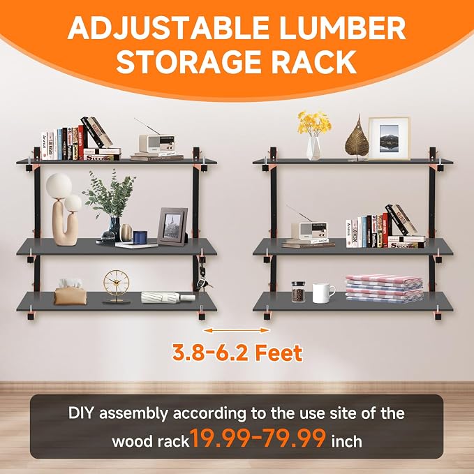 6 Pack Lumber Rack Wall Mount, Heavy Duty Wood Storage Racks, 9-Level System - Image 4
