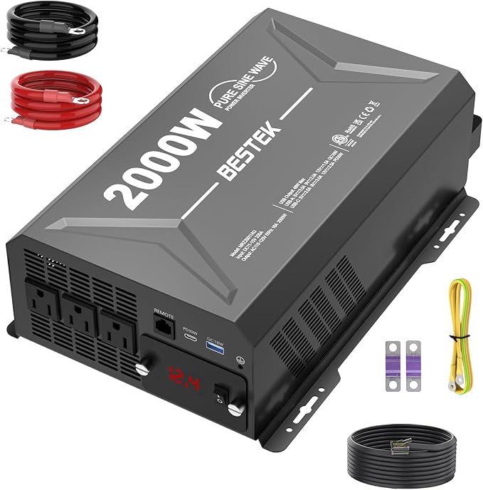 2000 Watt Pure Sine Wave Power Inverter, 12V DC to 110/120V AC Inverter by BESTEK