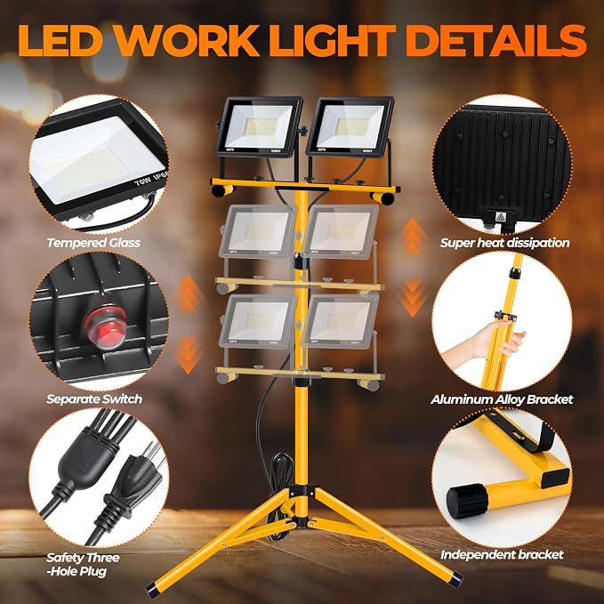 Work Lights with Stand, 2 Adjustable Head LED Work Light，Foldable Tripod Stand - Image 3