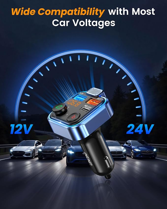 LENCENT FM Transmitter in-Car Adapter, Type-C PD 20W+ QC3.0 Fast USB Charger - Image 8