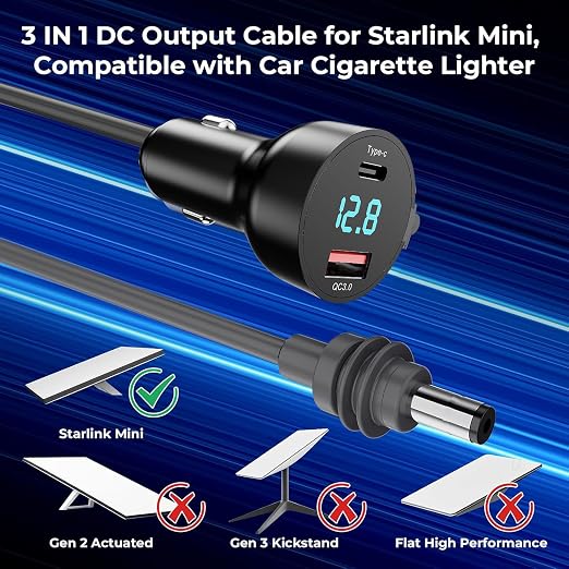 3 in 1 Starlink Mini Cable 10FT, Starlink Mini Car Charger DC Power - Image 2