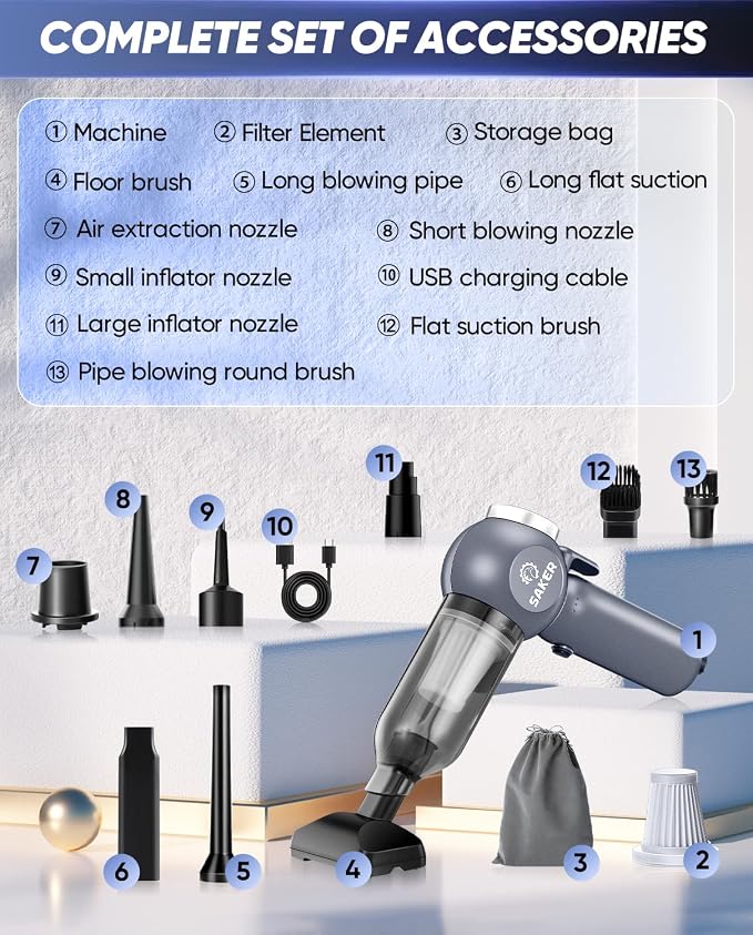 Saker 6 in 1 Car Vacuum Cleaner, 20000PA Handheld Vacuum Cordless Rechargeable - Image 8