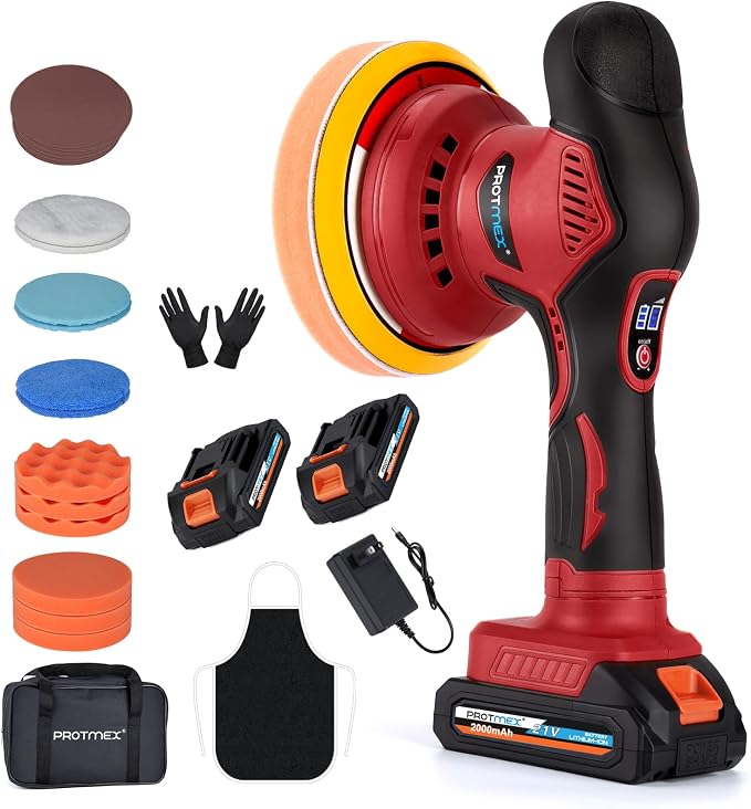 Cordless Car Buffer Polisher w/ 2x2000mAh 21V Batteries, 6 Inch Car buffer by Protmex