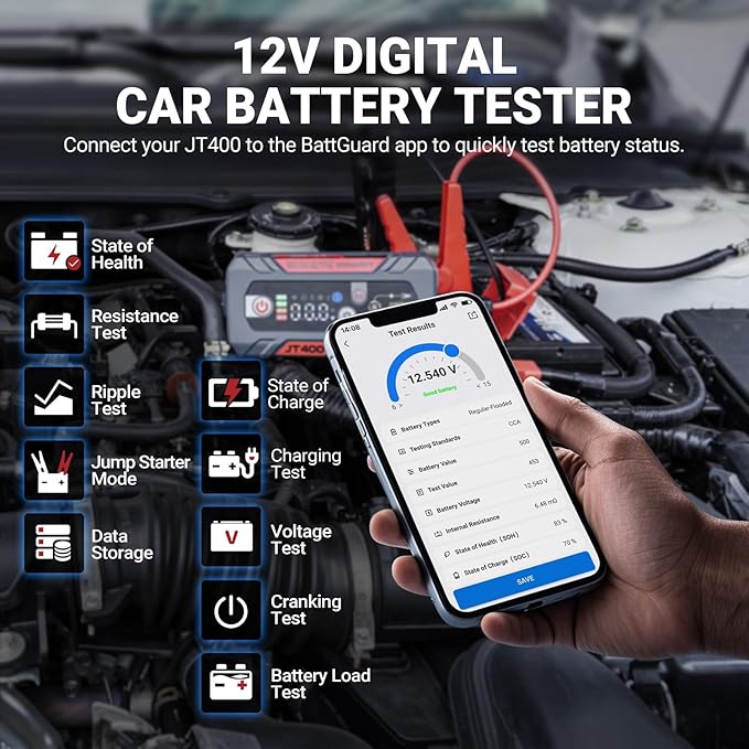 JT400 Jump Starter and Battery Tester, 2500A 12V Car Jumper Starter Portable - Image 4