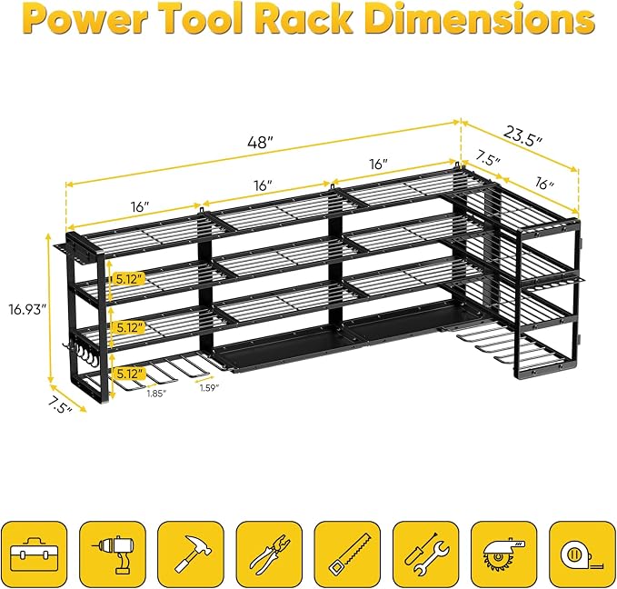 64”W Power Tool Organizer Wall Mount, Heavy Duty 8-Drill Cordless Drill Holder - Image 7