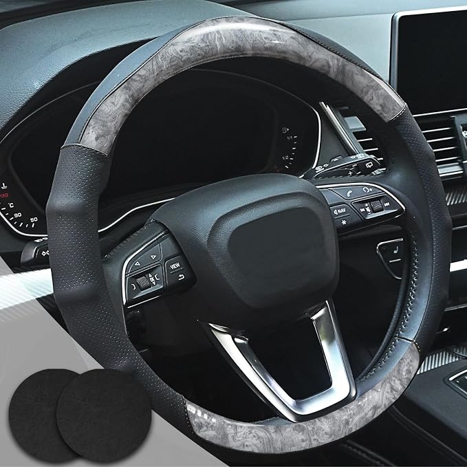 Wood Grain Steering Wheel Cover Gray Car Steering Wheel Covers 14.5-15 inch by Muamos