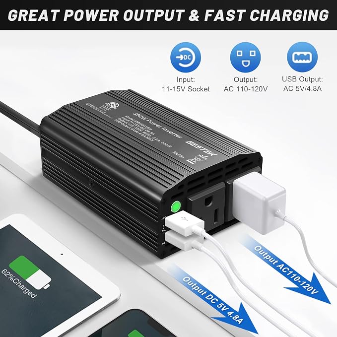 BESTEK 300W Power Inverter DC 12V to 110V AC, Durable Aluminum Housing Car - Image 4