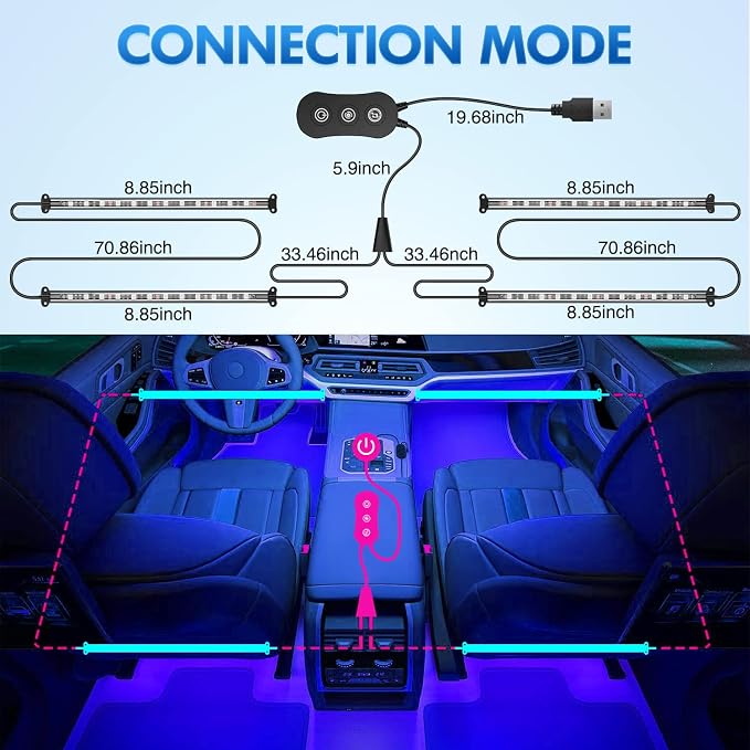 Nilight 4PCS USB Interior Car Lights 48 LEDs RGB LED Strips Lights - Image 3