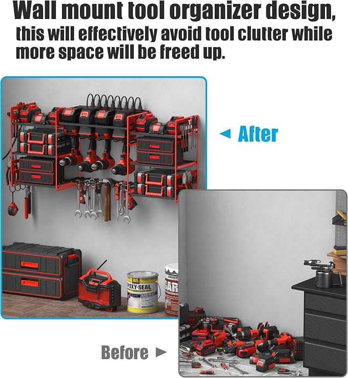 CCCEI Red Power Tool Organizer Wall Mount, Large Tools and Battery Storage Rack - Image 4