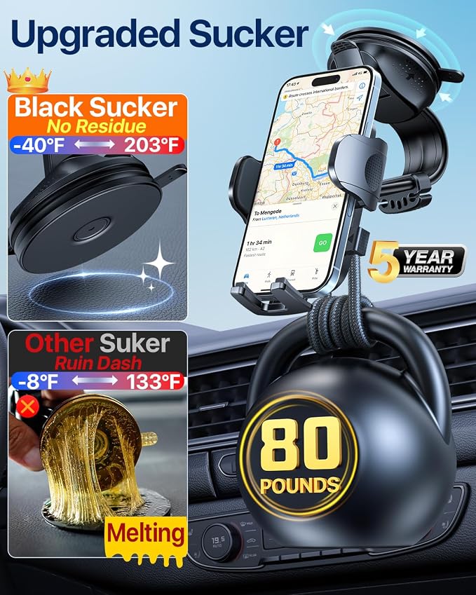 HTU Upgraded Strongest Suction Car Phone Holder Bendable Arm, Never Block View - Image 2