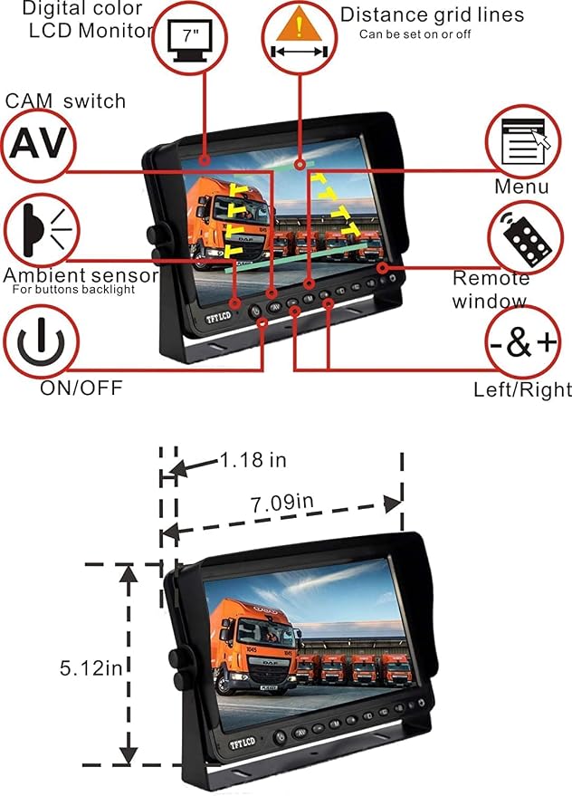 AHD 1080P 7" Reverse Rear View Backup Dual Camera System, Two Cameras - Image 3