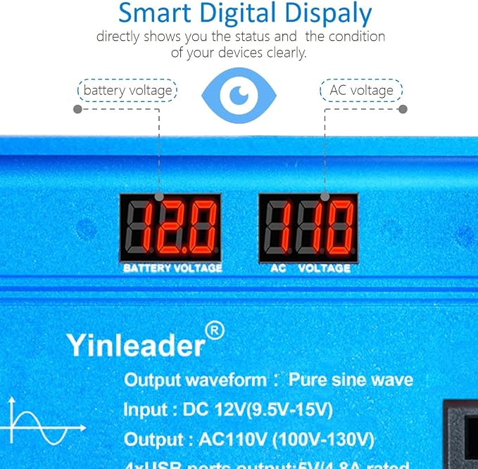 Yinleader 1000 Watt Pure Sine Wave Inverter 12V to 110V DC to AC Car Power - Image 2