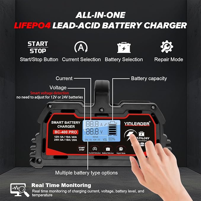 Battery Charger 40A, 12V/24V Lead Acid Smart Battery Charger, 12V LiFePO4 Car - Image 4