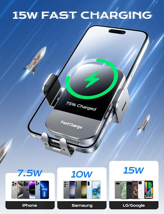 CHGeek Wireless Car Charger, 15W Fast Charging Auto Clamping Car Charger Phone - Image 3