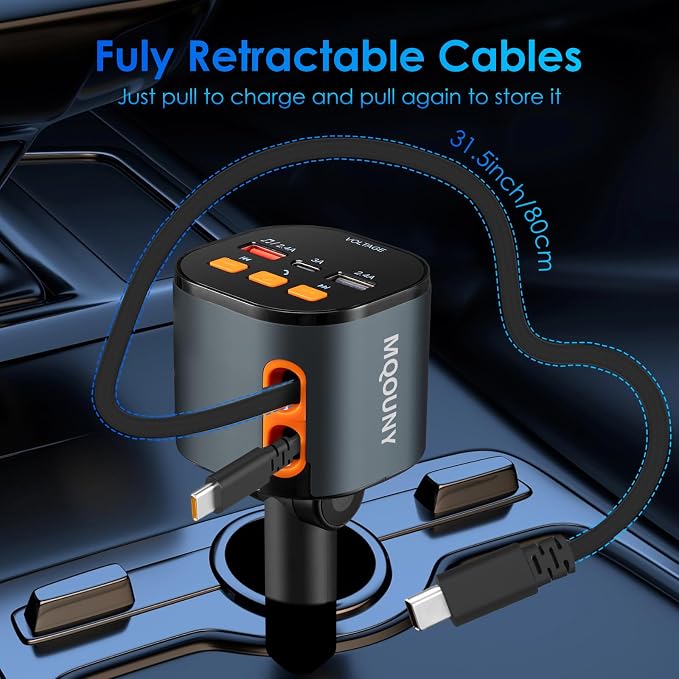 Retractable Car Charger, 5 in 1 Fast Car Phone Charger 90W, Handsfree Call - Image 6