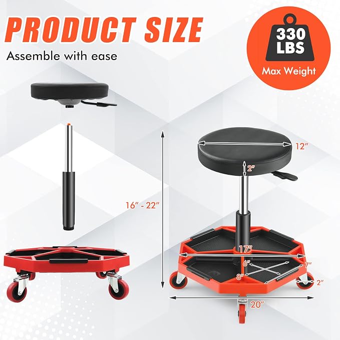 Adjustable Mechanic Rolling Stool, Pneumatic Rolling Stool - Image 3