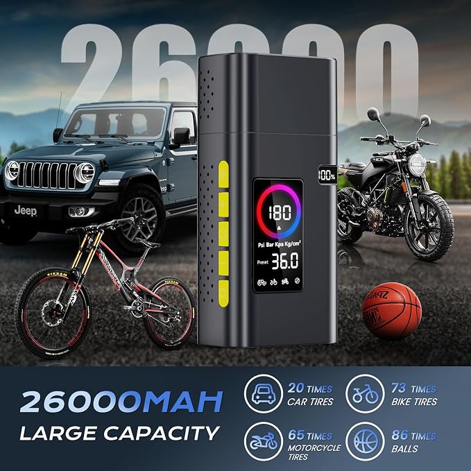 180PSI Tire Inflator Portable Air Compressor, 26000mAh Portable Tire Inflator - Image 3