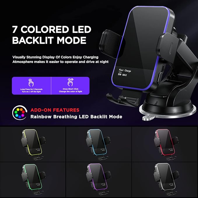 Wireless Car Charger, 【7 Colored RGB Backlit】 Mosurr 15W Auto Clamping Phone - Image 2
