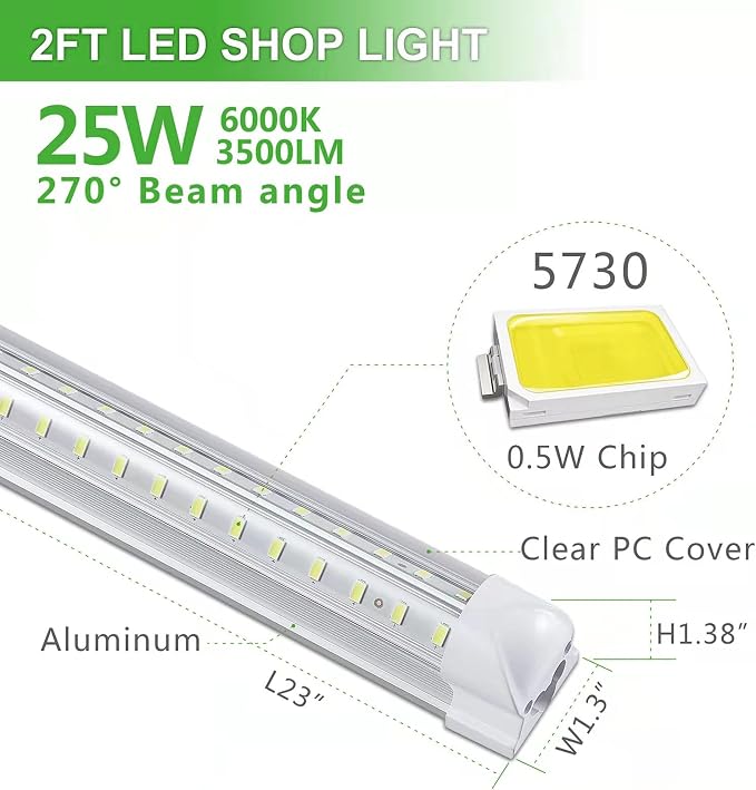 2FT LED Shop Light, 25W 3500LM 6000K/White Super Bright, T8 Integrated LED Tube - Image 2