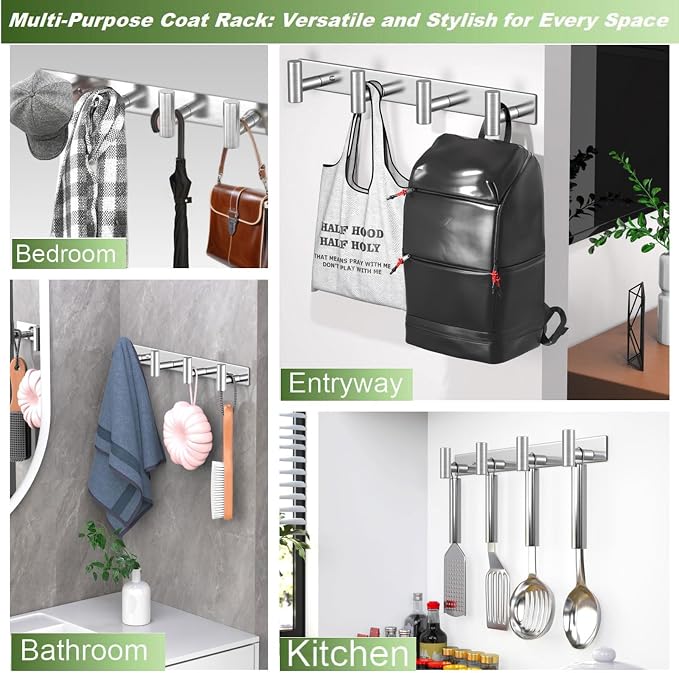 Wall Mounted Coat Rack-4 Hooks, Heavy Duty Stainless Steel Hook Rail - Image 9